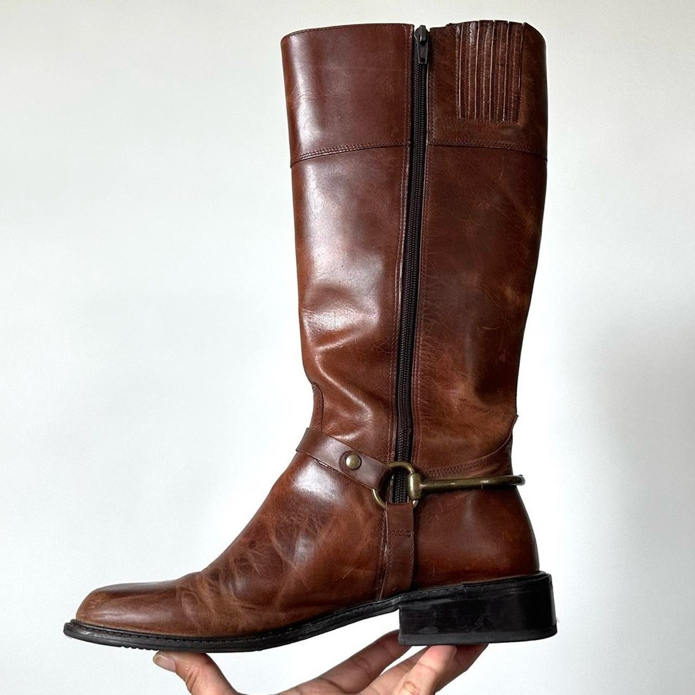CHICEST VINTAGE BROWN LEATHER EQUESTRIAN RIDING BOOTS BRASS HEEL HARDWARE - 8.5